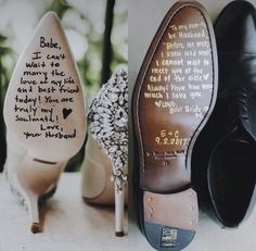 wedding shoes with hand written messages on them