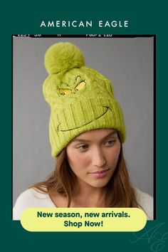 Soft fabric blend/Pom at top/Turn-up cuff Grinch Beanie, Winter Hats Beanie, Cold Weather Accessories, Knit Beanie, Grinch, Cable Knit, Soft Fabric, Soft Fabrics, American Eagle Outfitters