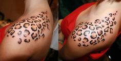 two pictures of the same woman's arm with leopard print on it