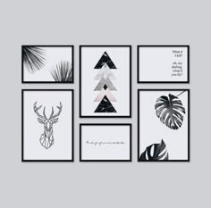 black and white art prints with geometric shapes, palm leaves, deer antelope