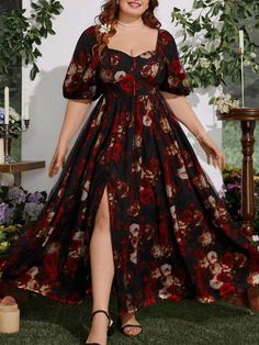 SHEIN MOD Plus Size Women's Floral Print V-Neck High Slit Romantic Vacation DressI discovered amazing products on SHEIN.com, come check them out! Masquerade Dress, Casual Beach Dress, Mode Rose, Embroidered Mesh Dress, Bow Tie Dress, Vacation Dress, Black Boho, Fabric Floral