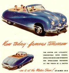 an advertisement for the automobile manufacturer's new convertible car, featuring two men driving in it