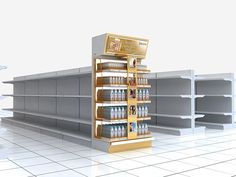 an empty supermarket aisle with shelves full of drinks and beverages on the floor, in front of two rows of empty shelves