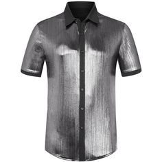 Check out this stunning Shiny Design Color Block Collared Short Sleeves Button Down Closure Nightclub shirt! The sparkling disco button-down shirt is designed to show off your figure and make your style stand out. It's the perfect choice for a night out at a club, a lively party, or a dazzling dancing performance. You can elevate your look by pairing this shiny shirt with faux leather pants and a metallic coat for a touch of glamour. Metallic Shorts, Glitter Shirt, Disco Shirt, Metallic Party, Nightclub Party, Sequin Shirt, Faux Leather Pants, Color Shorts, Cotton Hoodie