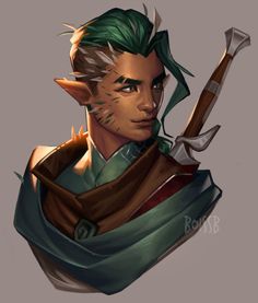 an elf with green hair and horns holding a knife in his hand, while wearing a scarf