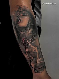 a woman's arm with tattoos on it, and an image of a man holding a