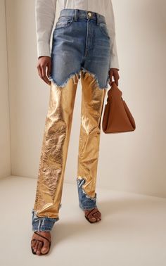 The Cortlandt Paneled Metallic Leather Straight-Leg Jeans By Brandon Maxwell | Moda Operandi Demin On Demin, Leather Panel, Brandon Maxwell, Slingbacks, Metallic Leather, Moda Operandi, Gold Finish, Everyday Fashion, Straight Leg Jeans