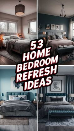 there are three pictures of a bedroom with blue walls