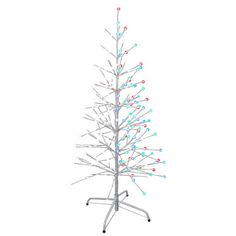 a white christmas tree with lights on it's branches and a metal stand in front of a white background