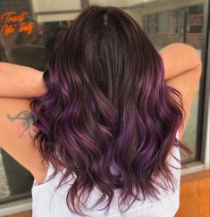 Glaze Colors For Hair, Partial Purple Highlights, Dark Brown To Purple Hair, Brunette With Violet Highlights, Purple Highlights On Short Hair, Brunette Hair With Purple Ends, Balayage Purple Hair Brunettes, Ends Of Hair Dyed Purple, Hair Dye Ideas For Brunettes Short