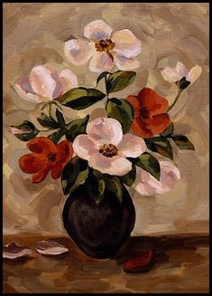 a painting of white and red flowers in a black vase on a brown tablecloth