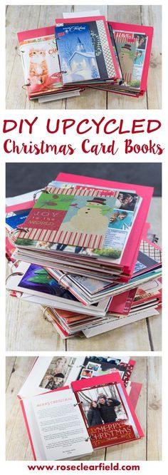 an open christmas card book with the title diy upcycled christmas card books