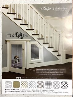 an advertisement for a dog kennel with its door open to let it's owner in