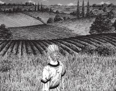 a black and white drawing of a person standing in a field looking at the horizon