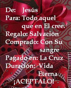 a red ribbon with black dots on it and the words jesus para tod aguel que rega en el cre regalo salvador con su sangre