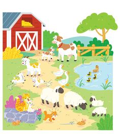 a farm scene with animals and ducks