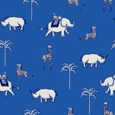 an elephant, giraffe and zebras are depicted on a blue background with palm trees