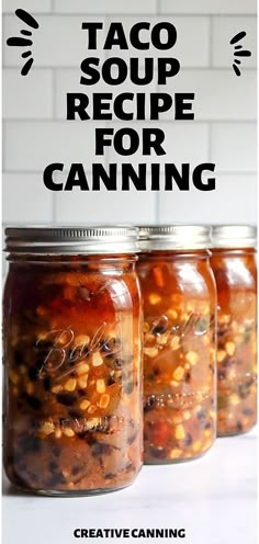 three jars filled with food sitting on top of a counter