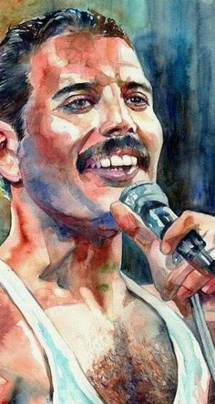 a watercolor painting of a man holding a microphone in his right hand and smiling