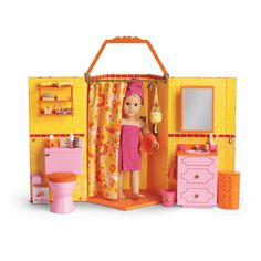 a doll house with furniture and accessories for dolls, including a toilet, sink, mirror, shower curtain, and other items