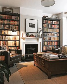 a living room filled with furniture and bookshelves next to a fire place in front of a window