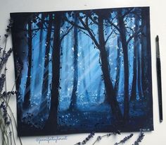 an acrylic painting of trees in the woods with blue light coming from them