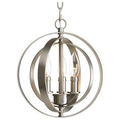 an orb chandelier with three lights hanging from the front and back ends,