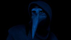 a man in a hoodie with a bird's beak on his head and eyes glowing blue