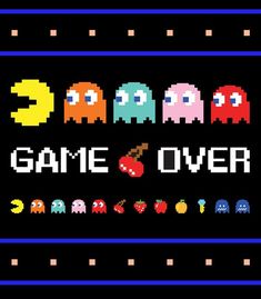 an old school video game with pacman and other characters in the background that says game over