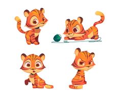 cartoon tiger character set with various poses and expressions for animation, video game or web design