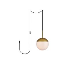 a white and gold light hanging from a black cord on a white wall with an object in the background