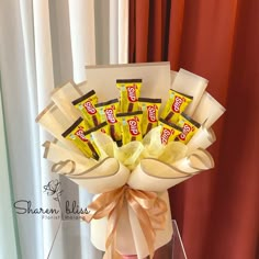 a bouquet of candy wrapped in brown paper