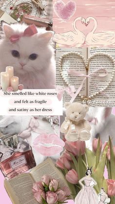 a collage with pink and white flowers, an open book, a teddy bear