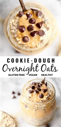 cookie dough overnight oats in a glass jar with chocolate chips on top and text overlay