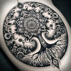 a black and white tattoo design on the back of a woman's shoulder with an intricate