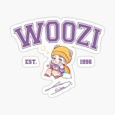 a sticker with the word woof on it and a cartoon character holding a microphone