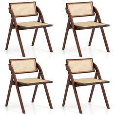 four wooden chairs with caned back and seat cushions on each side, set of 4