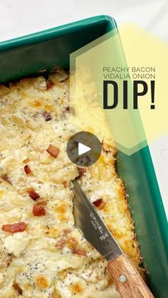 a casserole dish with bacon and cheese in it, being cut by a knife