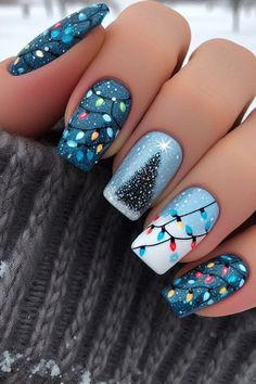 61 Stunning Blue Christmas Nail Ideas for 2024 November And December Nails, Christmas Festive Nails, Winter Nail Art Short Nails, Nails Xmas Design, Christmas Nail Blue, Christmas Theme Nail Art, Winter Short Nails Ideas, X Mas Nails Design, Christmas Nail Designs Square