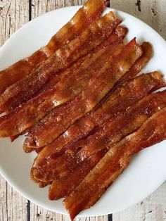 maple candied bacon recipe on a white plate with sweet and spicy text overlay