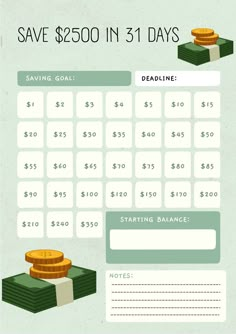 an info sheet with money stacks and coins on it, including $ 500 in 31 days