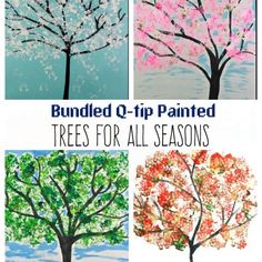 four different trees painted with acrylic paint and the words, bundled q tip painted