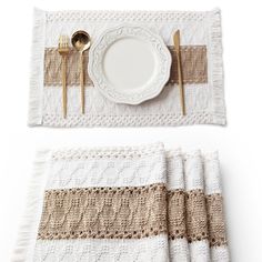 a place setting with white plates, silverware and crocheted tablecloths