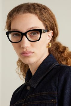 Glasses are the perfect form of self-expression and there's a shape out there to suit every personality. FENDI Eyewear's pair is made from glossy black acetate with bold square frames and an asymmetric version of the brand's iconic 'F' motif at the temples. Fendi First, Fendi Glasses, Fendi Eyewear, Optical Glasses, Eyewear Womens, Optical Frames, Eyewear Accessories, Square Frame, Square Frames