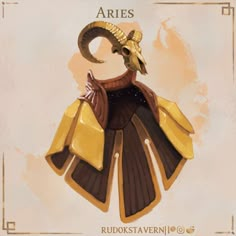 an illustration of a golden helmet with horns on it's head and the words aries above it