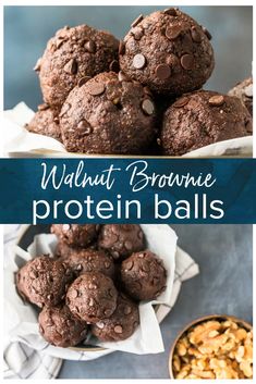 chocolate peanut butter protein balls stacked on top of each other with the words, walnut brownie protein balls