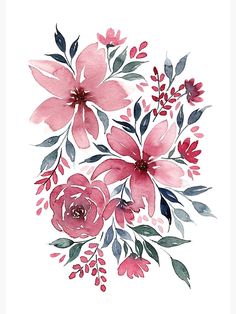 watercolor painting of pink flowers and green leaves