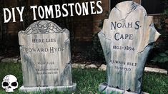 two headstones sitting in the grass with words diy tombstones written on them