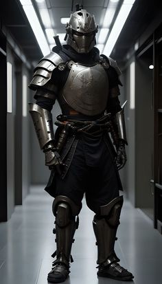 a man in armor is standing in an empty hallway with his hands on his hips