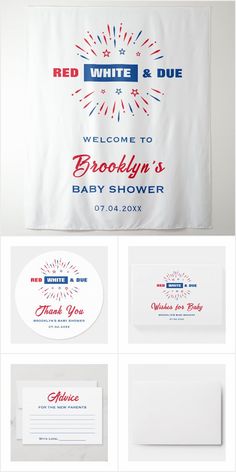 red, white and blue welcome to brooklyn's baby shower sign with envelopes